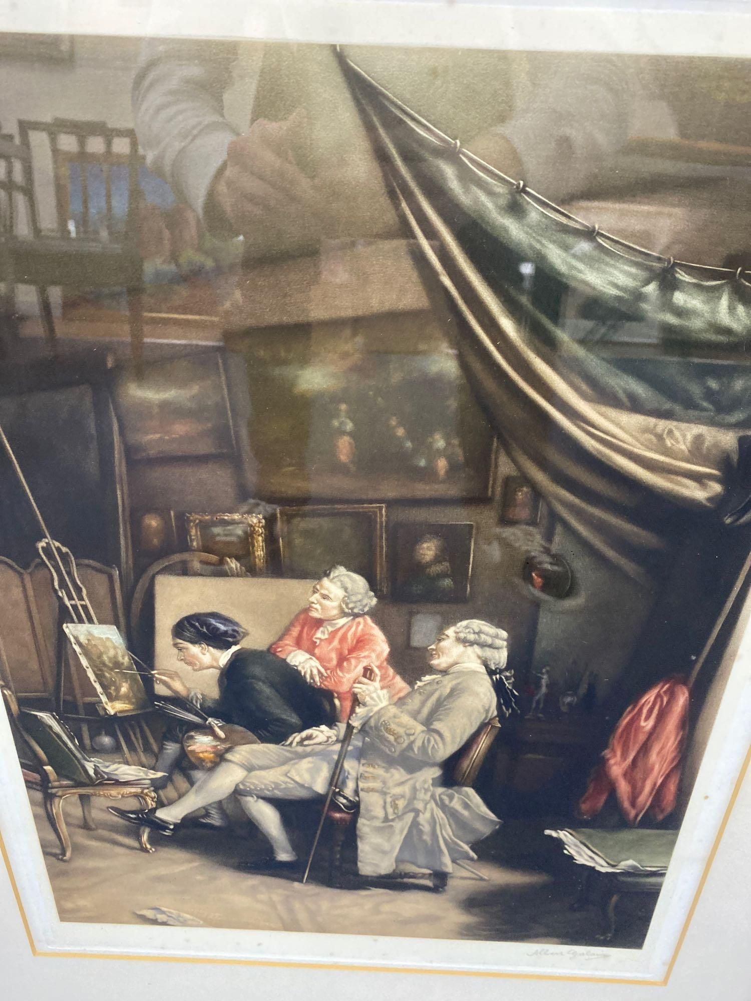 Albert Galain, pair of coloured mezzotints, Georgian interiors, A Painter in the Studio & The Art Lovers, signed in pencil, 54 x 40cm.